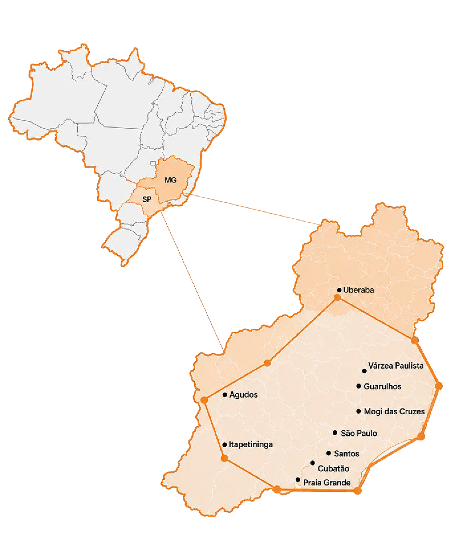 Mapa do Brasil com a rede de bases e operações da AJR Transportes